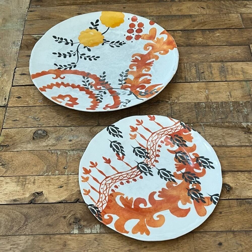2 Anthropologie Sun Grove Dinner and Salad Plates Orange Black Floral Stoneware